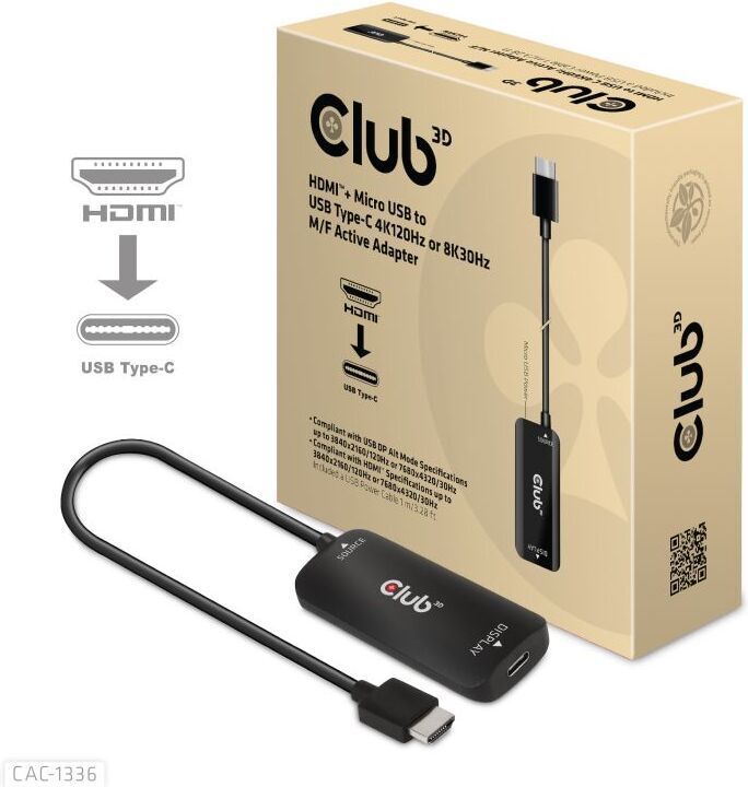 CLUB 3D HDMI  Micro USB to USB Type-C 4K120Hz or 8K30Hz M/F Active Adapter